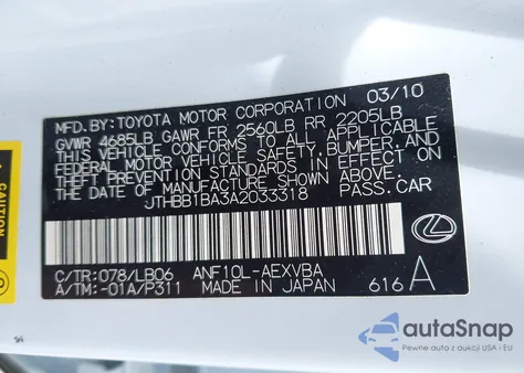 2010 Lexus Hs 250H from USA, damaged, VIN JTHBB1BA3A2033318